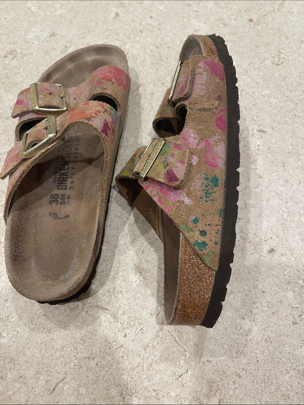 Women’s Birkenstock Two-Strap Sandals with Pink, Yellow, Green Accents - Picture 6 of 7